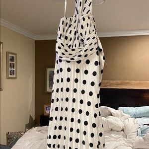 Black and White Polka Dot silk halter dress pleated